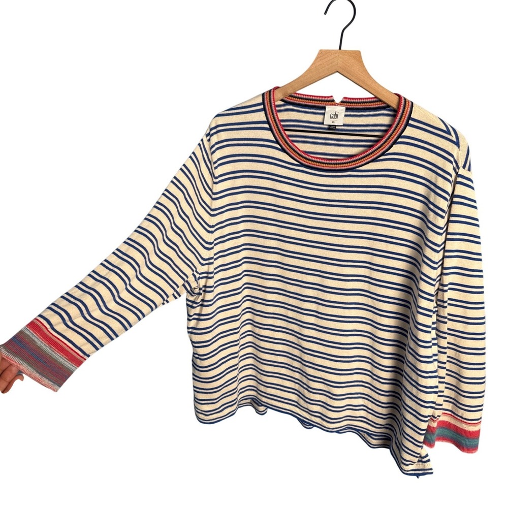 Cabi Striped Knit Sweater XL Blue Cream Rainbow Trim Coastal Preppy Aesthetic - Picture 4 of 7